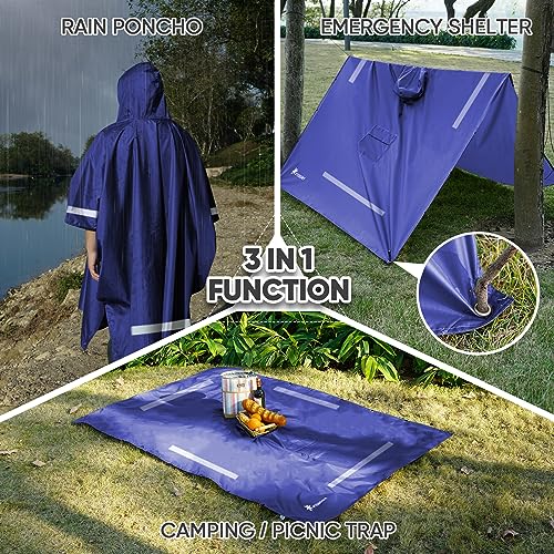 PTEROMY 3-in-1 Hooded Rain Poncho for Adult with Pocket, Waterproof Lightweight Unisex Raincoat for Hiking Camping Emergency - color: Blue W/ Reflective Stripe