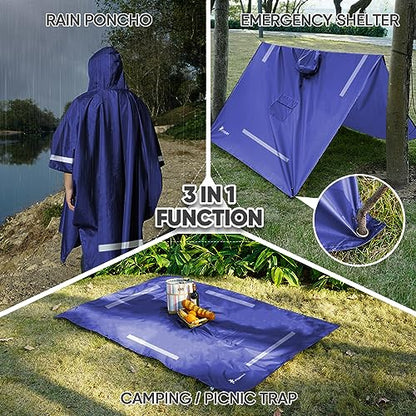 PTEROMY 3-in-1 Hooded Rain Poncho for Adult with Pocket, Waterproof Lightweight Unisex Raincoat for Hiking Camping Emergency - color: Blue W/ Reflective Stripe