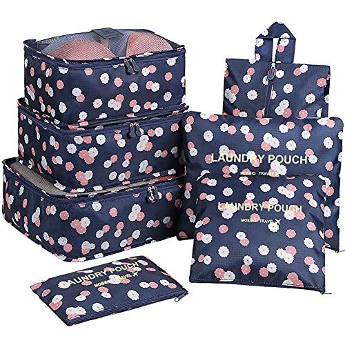 Mossio 7 Set Packing Cubes with Shoe Bag - Travel Carry On Luggage Organizer - color: Navy Daisy