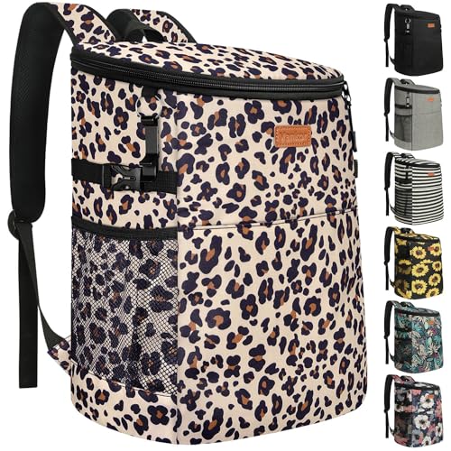 Camping Cooler Backpack 30 45 Cans, Soft Backpack Coolers Insulated Leak Proof Travel Cooler Bag Waterproof Lunch Picnic Beach Work Trip Thermal Bag Drink Beverage Beer Bag Cooler - color: Black Brown Pattern, size: 30 Cans