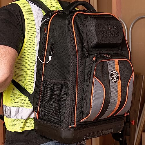 Klein Tools 62805BPTECH 28-Pocket Laptop Backpack Tool Bag, Tradesman Pro Extra-Large Tech Tool Backpack with Molded Bottom, Charging Port