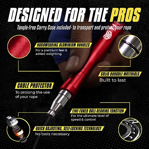 Titan Armour® Speed Rope - Professional Self-Locking & Adjustable, Adult Speed Jump Ropes for Fitness | 2 x Steel Ropes, Cable Protector & Travel Case | Jump Rope Crossfit, Boxing, Fitness MMA for Men & Women - color: Red