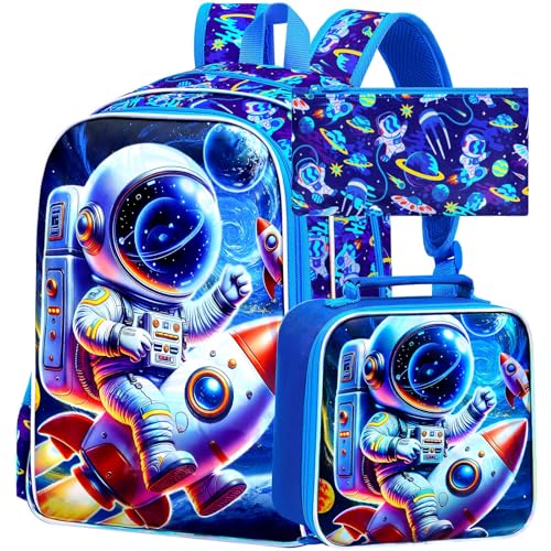 16" Space Backpack for Boys, 3Pcs Astronauts Bookbag with Lunch Box, Kids School Backpacks Set for Elementary Preschool Kindergarten (Blue) - color: Astronaut Blue
