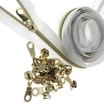#5 Gold Metallic Nylon Coil Zipper by The Yard, Bulk 10 Yards White Tape with 25PCS Rose Gold Zippers Pulls for Sewing, Bags, Purses YIGUANXIN - color: White-Gold