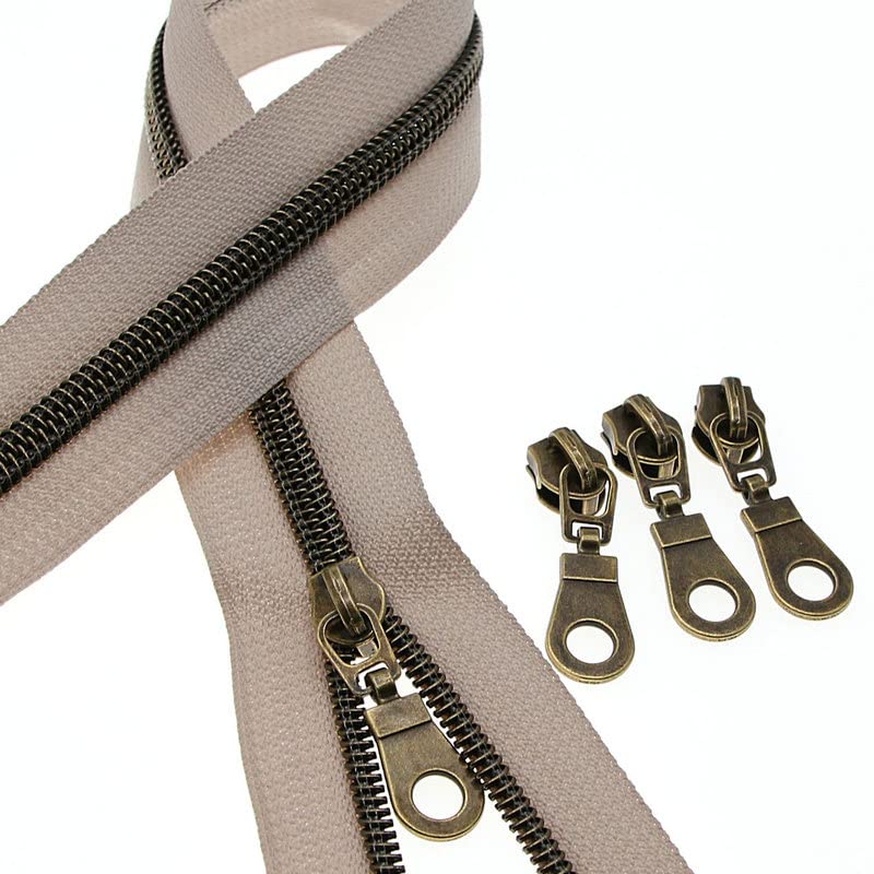 #5 Antique Brass Metallic Nylon Coil Zippers by The Yard Bulk Beige Tape 10 Yards with 25Pcs Pulls for DIY Sewing Craft Bags YIGUANXIN - color: Beige-Brass