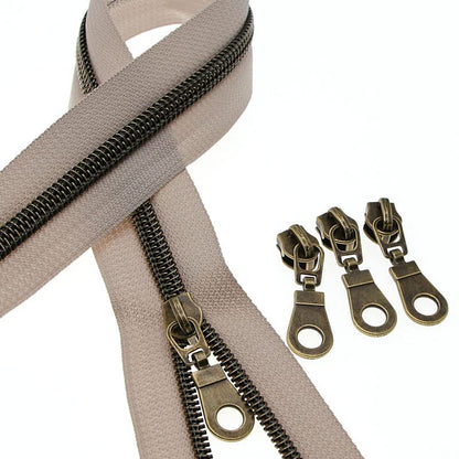 #5 Antique Brass Metallic Nylon Coil Zippers by The Yard Bulk Beige Tape 10 Yards with 25Pcs Pulls for DIY Sewing Craft Bags YIGUANXIN - color: Beige-Brass