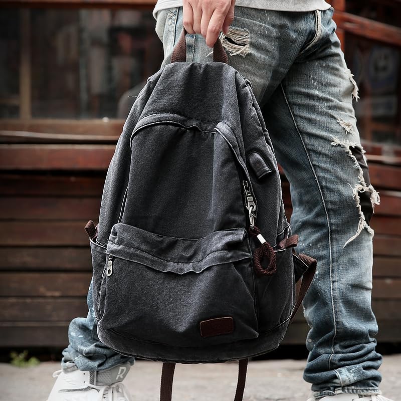 Muzee Canvas Backpack for Women and Men, Lightweight Classic Laptop Backpack with USB Charging Port for School, Travel and Daily Use, Black - color: Black