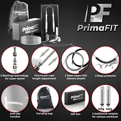 PrimaFIT Jump Rope Pro Speed Skipping Rope Adjustable Adult Jumping Rope Weighted Aluminium Handles for Double Dutch Boxing Workout Crossfit Exercise Fitness Spare Cable Weights Protectors Carry Bag - color: Silver