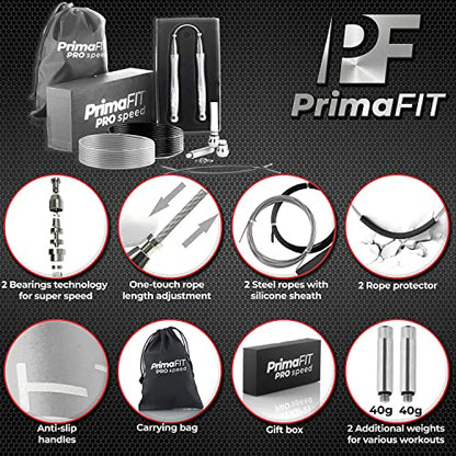 PrimaFIT Jump Rope Pro Speed Skipping Rope Adjustable Adult Jumping Rope Weighted Aluminium Handles for Double Dutch Boxing Workout Crossfit Exercise Fitness Spare Cable Weights Protectors Carry Bag - color: Silver