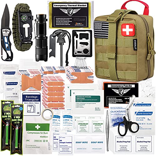 EVERLIT 250 Pieces Survival First Aid Kit IFAK EMT Molle Pouch Survival Kit Outdoor Gear Emergency Kits Trauma Bag for Camping Boat Hunting Hiking Home Car Earthquake and Adventures - color: Tan