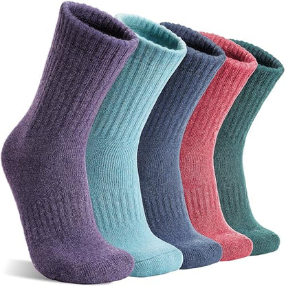 MOGGEI 5 Pairs Womens Merino Wool Socks Hiking Warm Winter Thick Thermal Crew Cozy Cabin Ladies Gift Comfy Boot Work Socks - color: Purple/Blue/Red/Green