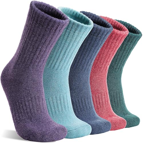 MOGGEI 5 Pairs Womens Merino Wool Socks Hiking Warm Winter Thick Thermal Crew Cozy Cabin Ladies Gift Comfy Boot Work Socks - color: Purple/Blue/Red/Green