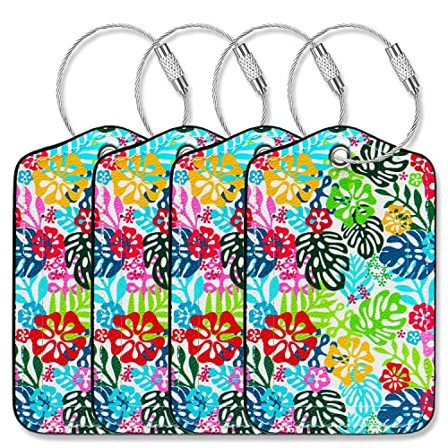 Luggage Tags for Suitcases-Leather Luggage Tag 4 Pack with Loops Hawaii Cute Bag/Backpack/Suitcase Tags Travel Essentials for Flying - color: Hawaii Tropical Flora