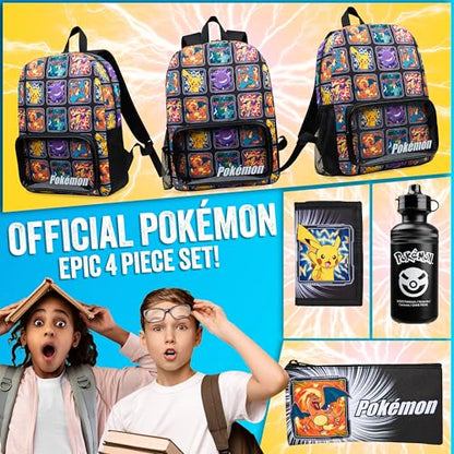 Pokemon Backpack Set 4 Pcs for Kids with Backpack Water Bottle Pencil Case Lunch Bag or Wallet Anime School Supplies Gifts (Multi 4 Pcs Set) - color: Multicolour