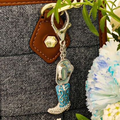 Madison Tyler Western Cowboy Boots Cherry Bow Bubble Tea Strawberry Cute Keychain | Bag Charms for Handbags Purse Charms - color: Blue Boots