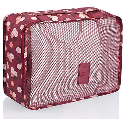 Mossio 7 Set Packing Cubes with Shoe Bag - Travel Carry On Luggage Organizer - color: Wine Flower