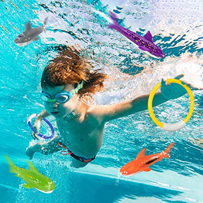 Pool Diving Toys, Underwater Swimming Pool Toys for Kids Ages 4-8, Diving Rings and Training Sharks for Learning to Swim, 8 Pack