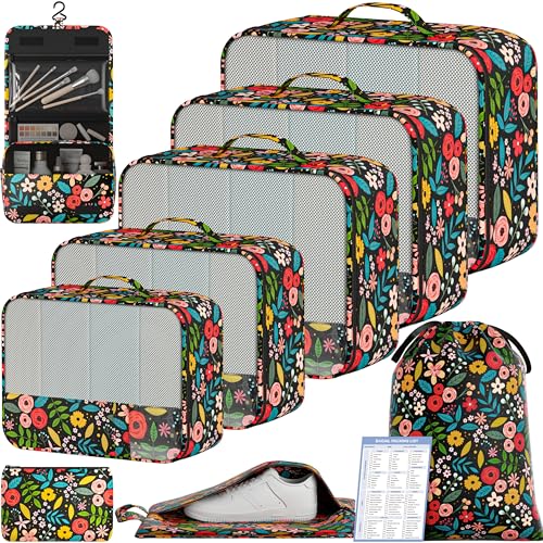 BAGAIL 9 Set Packing Cubes with Packing List Luggage Packing Organizers for Travel Accessories (Black floral) - color: Black floral