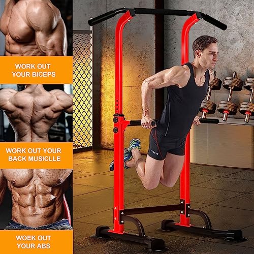 DlandHome Power Tower Pull Up Dip Station Multi-Function Fitness Equipment for Strength Training Adjustable Height Dip Stand for Home Gym - color: Red