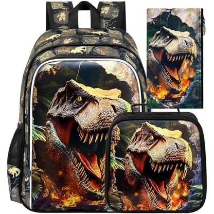HPJGD 3PCS Dinosaur Kids Bookbag, Water Resistant Boys School Bag Set with Lunch Box, Cool Backpack for Elementary Preschool Toddler - Wall-Breaking T-Rex - color: Cool Uv Printed Wall-breaking T-rex Brown