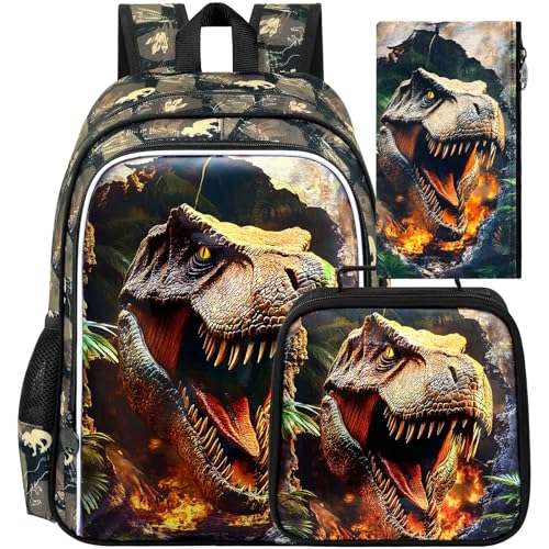 HPJGD 3PCS Dinosaur Kids Bookbag, Water Resistant Boys School Bag Set with Lunch Box, Cool Backpack for Elementary Preschool Toddler - Wall-Breaking T-Rex - color: Cool Uv Printed Wall-breaking T-rex Brown