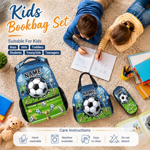 Personalized Kids Backpack for Boys Soccer School Bag Set - 17 Inch Custom Elementary Middle School Sports Themed Bookbag with Lunch Box and Pencil Case - color: Green