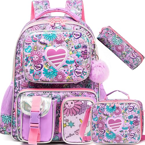 Meetbelify Backpacks for Girls Cute School Backpacks for Elementary Students Ages 8-10 Kids Aesthetic Travel Backpack Large Capacity Laptop Bookbag with Lunch Box 3 in 1 Backpack Set for Girls - color: 01 Girl