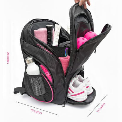 Personalized Pickleball Backpack - Large Pickle Ball Bag with Shoe Compartment, Fence Hook, Paddle Holder - Gifts for Men & Women - color: Black and Pink