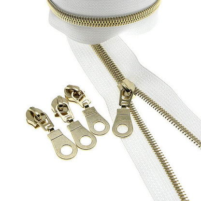 #5 Gold Metallic Nylon Coil Zipper by The Yard, Bulk 10 Yards White Tape with 25PCS Rose Gold Zippers Pulls for Sewing, Bags, Purses YIGUANXIN - color: White-Gold