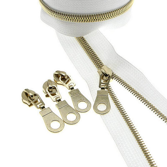 #5 Gold Metallic Nylon Coil Zipper by The Yard, Bulk 10 Yards White Tape with 25PCS Rose Gold Zippers Pulls for Sewing, Bags, Purses YIGUANXIN - color: White-Gold