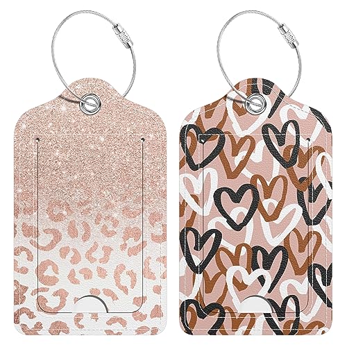 2 Pack PU Leather Luggage Tags for Suitcase, Travel Cruise Luggage Tag with Privacy Flap, Name ID Label and Metal Loop for Women Men Baggage Handbag School Bag Backpack, Heart Leopard - color: Heart Leopard, size: 2 Pack