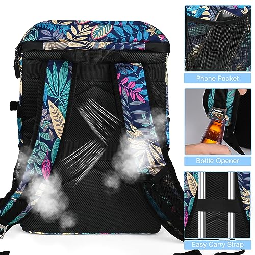 HXLGMD Backpack Coolers Insulated Leak Proof 30 Cans, Soft Sided Insulated Cooler Bags Ice Chest Backpack for Beach Travel Camping, with Reusable Ice Packs - color: Tropical Leaves