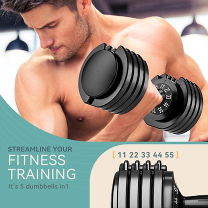Adjustable Dumbbell Set of 2, 110lbs/50lbs Free Weights Dumbbell Set, 5-in-1/10-in-1 Quick-Lock Hand Weights, 25lbs/55lbs Pair with Anti-Slip Texture Handle, Weight Set For Home Gym Suit both Men and Women - color: Black 55LB Set of 2（Round）5 in 1