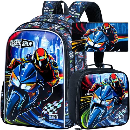 16" Cars Backpack for Boys, 3Pcs Kids Bookbag with Lunch Box, Motorcycle School Backpacks Set for Elementary Preschool Kindergarten(Black) - color: Motorcycle Black