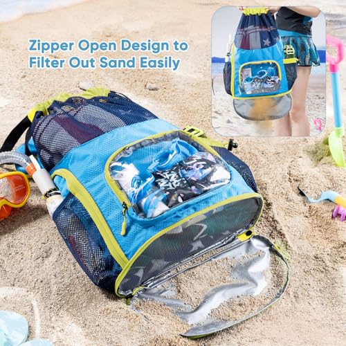 Mesh Drawstring Backpack with Shoe Compartment, Sandproof Beach Swim Bag with Wet Pocket, Pool Gym Shower Bag for Travel Summer Camp - color: Blue - Neon Yellow, style: Style a