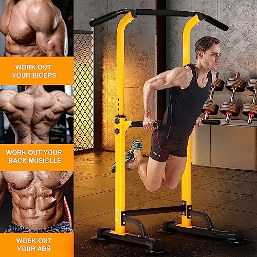 DlandHome Power Tower Pull Up Dip Station Multi-Function Fitness Equipment for Strength Training Adjustable Height Dip Stand for Home Gym - color: Yellow