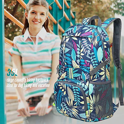 35L Lightweight Packable Backpack Waterproof Durable Hiking Travel Backpack Daypack - color: Blue-leaf