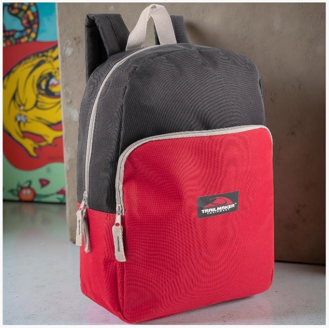 Trail maker 15 Inch Backpack for Kids, Preschool, Elementary & Middle School Students – Spacious Bookbag with Large Front Pocket, Adjustable Straps, Fits up to 13 Inch Laptop (Red) - color: Red
