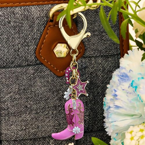 Madison Tyler Western Cowboy Boots Cherry Bow Bubble Tea Strawberry Cute Keychain | Bag Charms for Handbags Purse Charms - color: Pink Boots