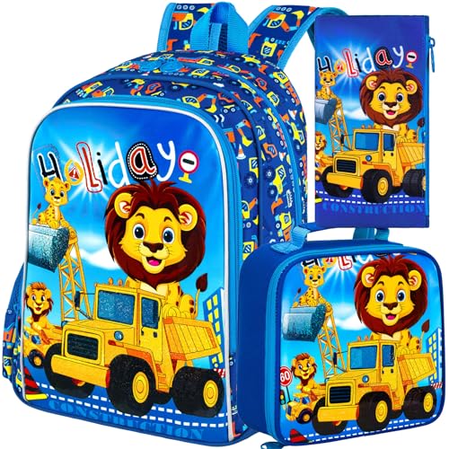 16" Kids Backpack for Boys, 3Pcs Excavator Bookbag Set for Elementary Preschool Kindergarten, Lion School Backpacks with Lunch Box(Blue) - color: Lion Blue