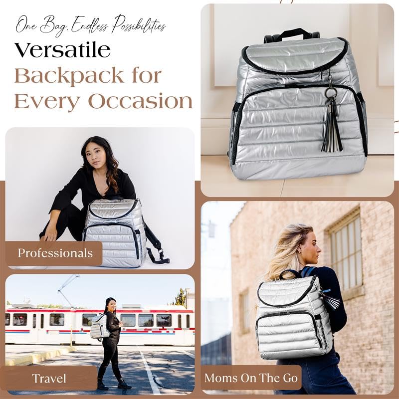 Citi Collective Gallery Diaper Bag Backpack - Casual Day-to-Day Backpack Fits 15" Laptop - Travel Bag with Multiple Compartments, Pockets, Portable Changing Pad, and Shoulder Strap-Silver - color: Silver