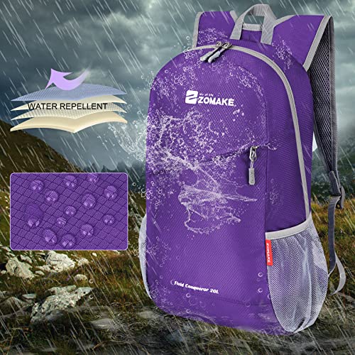 ZOMAKE Lightweight Packable Backpack 20L,Foldable Backpacks Small Daypack for Hiking Water Resistant Day Bag for Travel(Purple) - color: Purple