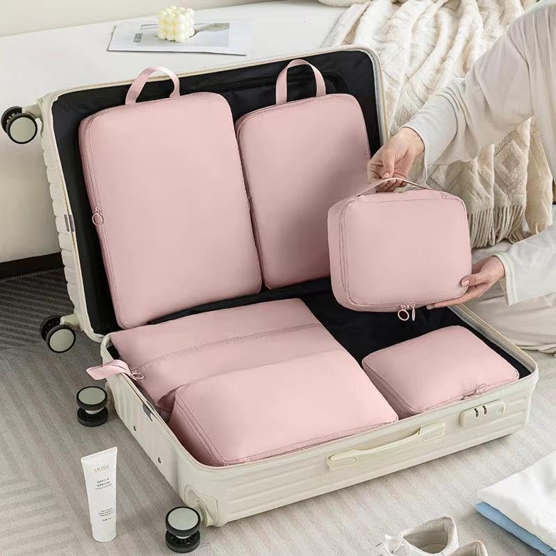 6 Set Packing Cubes Compression Bags for Travel, Waterproof Luggage Organizer, Travel Essentials for Cruise Vacation, Pink - color: Pink