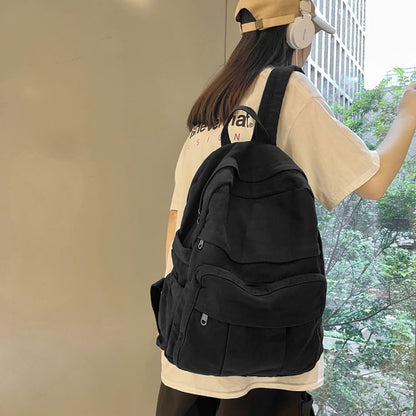 Black Canvas Backpack for Women & Men Retro Aesthetic Rucksack Basic Backpack for High School/College Students Travel Laptop Bag - color: Black