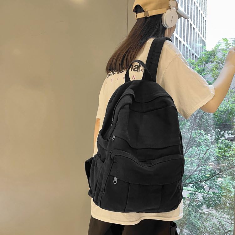 Black Canvas Backpack for Women & Men Retro Aesthetic Rucksack Basic Backpack for High School/College Students Travel Laptop Bag - color: Black