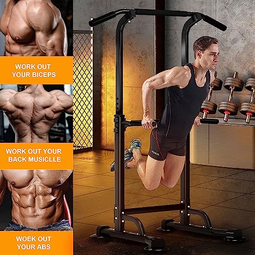 DlandHome Power Tower Pull Up Dip Station Multi-Function Fitness Equipment for Strength Training Adjustable Height Dip Stand for Home Gym - color: Black