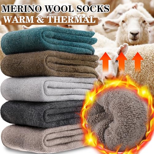 MOGGEI 5 Pairs Womens Merino Wool Socks Hiking Warm Winter Thick Thermal Crew Cozy Cabin Ladies Gift Comfy Boot Work Socks - color: Khaki/Green/Gray/Coffee
