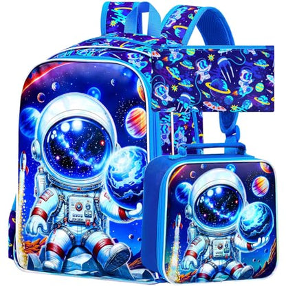 3Pcs Space Backpack for Boys, 16" Astronauts Bookbag with Lunch Box, Kids School Backpacks Set for Elementary Preschool Kindergarten (Blue) - color: Astronaut Blue 01