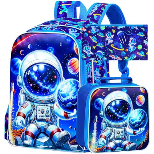 3Pcs Space Backpack for Boys, 16" Astronauts Bookbag with Lunch Box, Kids School Backpacks Set for Elementary Preschool Kindergarten (Blue) - color: Astronaut Blue 01