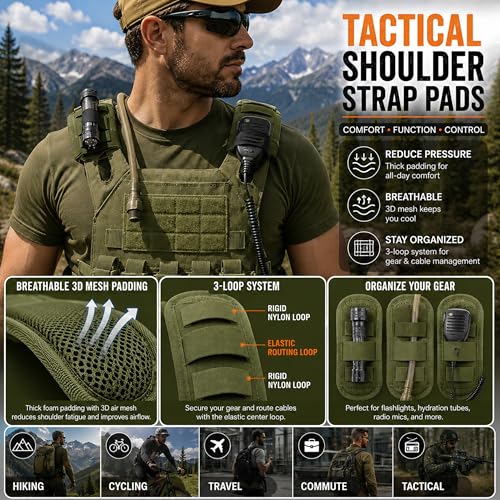 1 Pair Tactical Backpack Shoulder Pads, Thick Shoulder Cushion for Heavy Backpacks Plate Carrier & Rucksack, Fits Straps Up to 2.5", Breathable 3D Mesh, Hook & Loop Fastener, Rucking Hiking & Military - color: Green